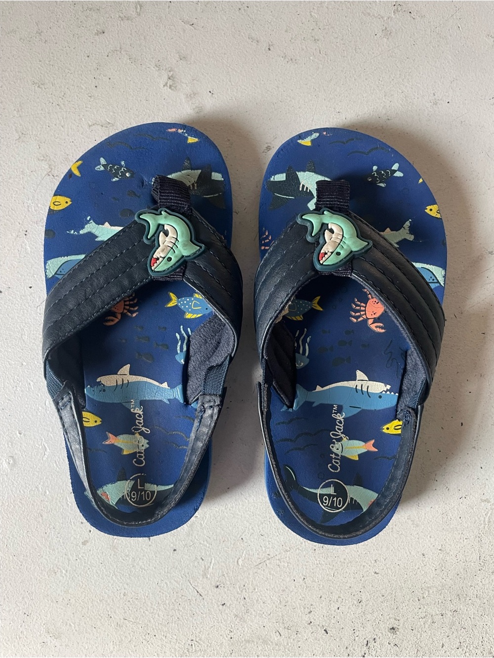 Cat & Jack Navy Blue Shark Print Flip Flops with Green Shark Accents